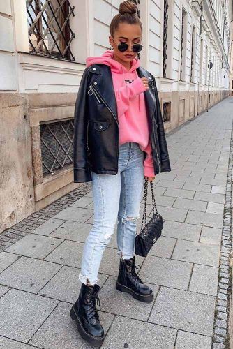 Everyday Look With Moto Jacket #motojacket #pinkhoodie