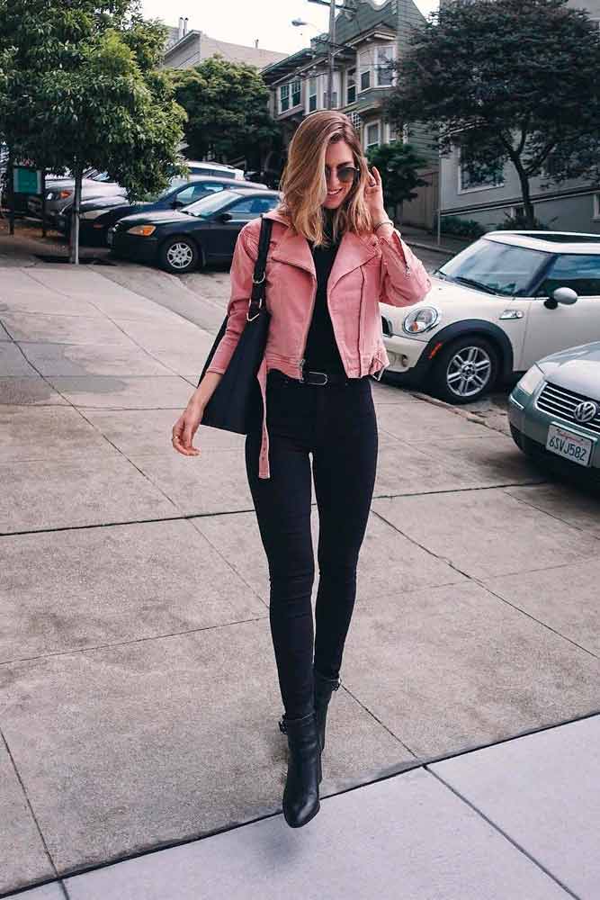Pink Leather Jacket To Brighten Up Your Fall Outfit Ideas #perfectfalllook #stylish outfit #casualoutfit