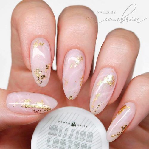 Marble Nail Art With Gold Foil #nudenails #marblenails