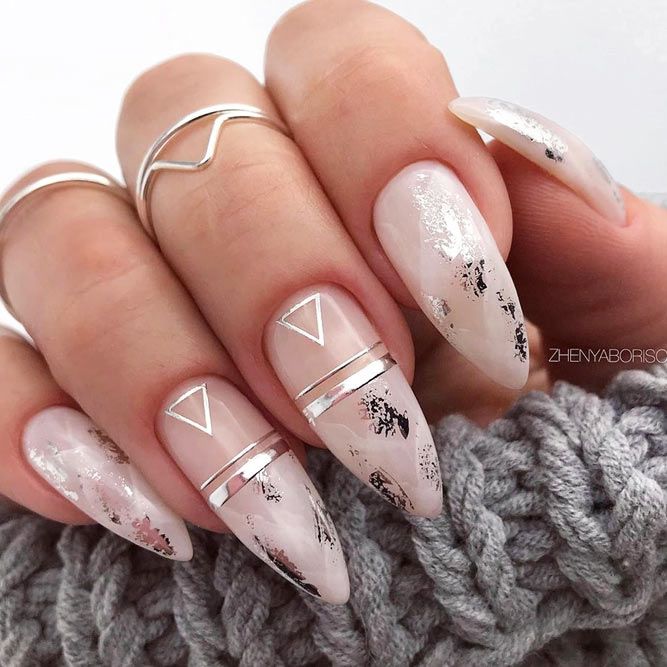 Marble Nails Design With Triangle Accents #stripednails #marblenails