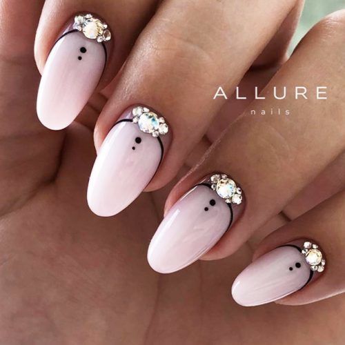 Matte Nude NAils With Black Art And Crystals Design #crystalsnails #mattenails