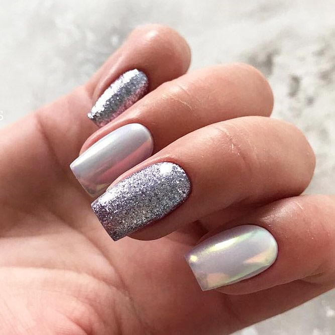Silver Glitter With Mirror Powder Nails Design #silverglitter