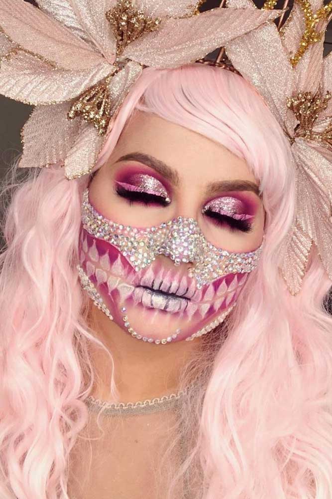 pink Glam Sugar Skull Makeup #glittermakeup #crystals