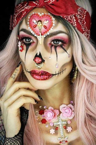 Red Glitter Sugar Skull Idea With Crystals #heartart #glittersugarskull