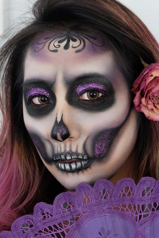 Black And Purple Sugar Skull Idea #purpleglitter #purplesugarskull