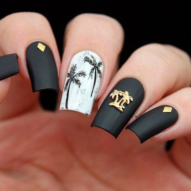 Matte Black Nails With Gold Studs #mattenails #blacknails