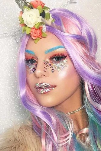 Glitter Unicorn Makeup With Bright Colors #bluebrows #orangeshadow