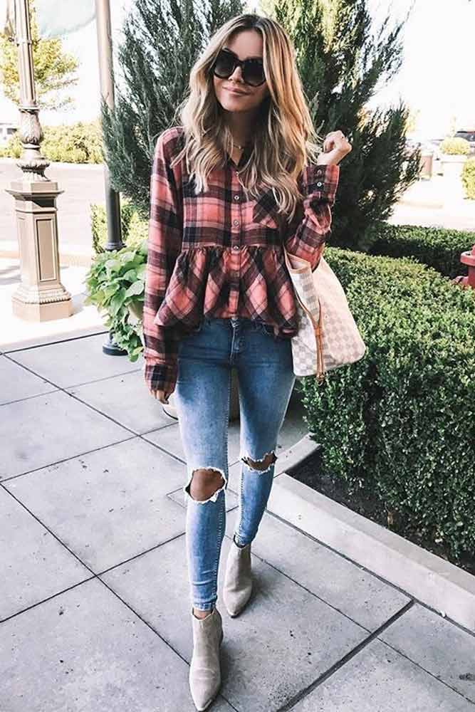 Ripped Jeans With Ruffled Shirt Outfit Idea #ruffledshirt