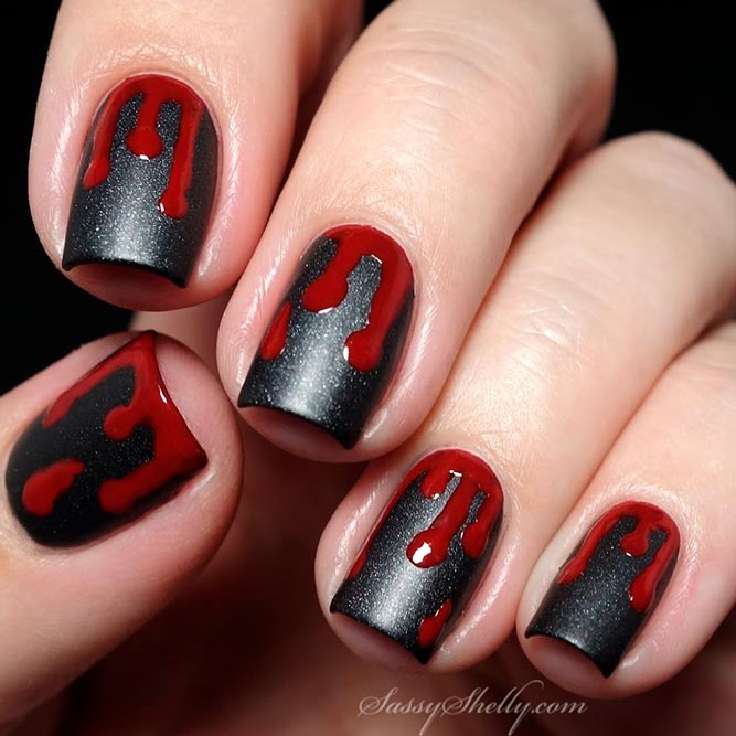 Matte Black Nail And Scary Blood Nail Art #shortnails #mattenails #scarynails