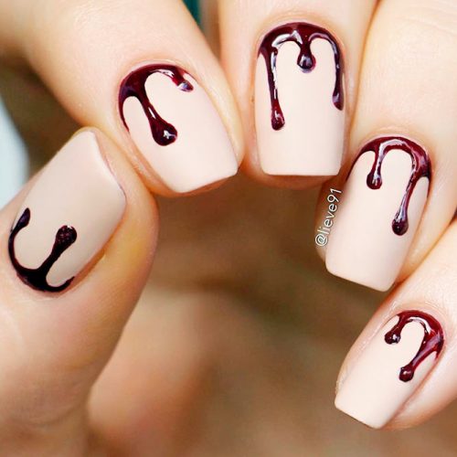 Matte Nude Nails And Scary Blood Nail Art #nudenails #easynailart #scarynails
