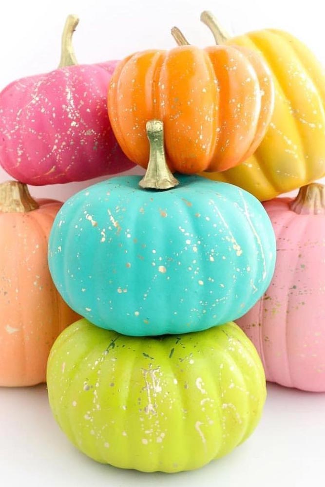 Colorful Pumpkins With Gold Splatter Decor #goldsplatter