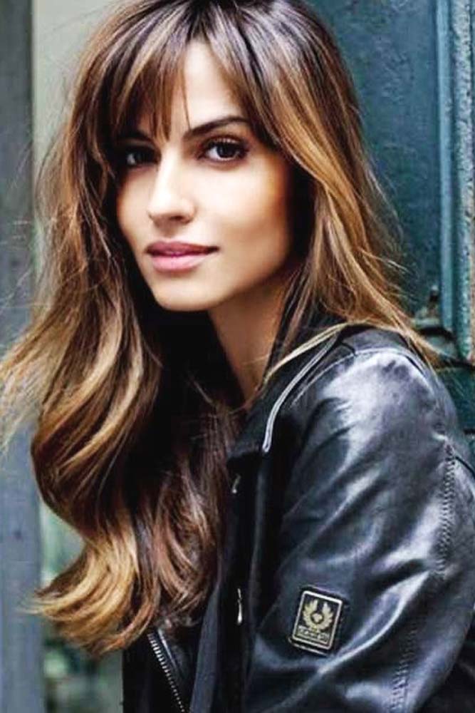 Layered Haircuts With Bangs Rich Brown Color Wispy Fringe 