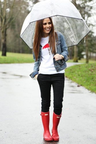 Outfits with red store rain boots