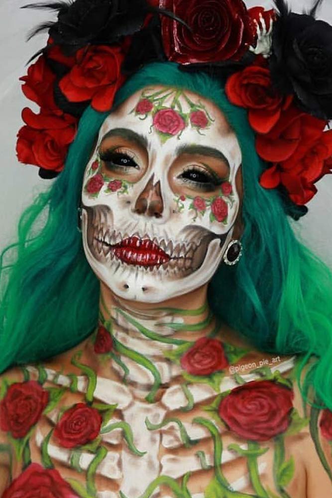 Flowers Skeleton Makeup Idea #flowersskeleton #skullmakeup