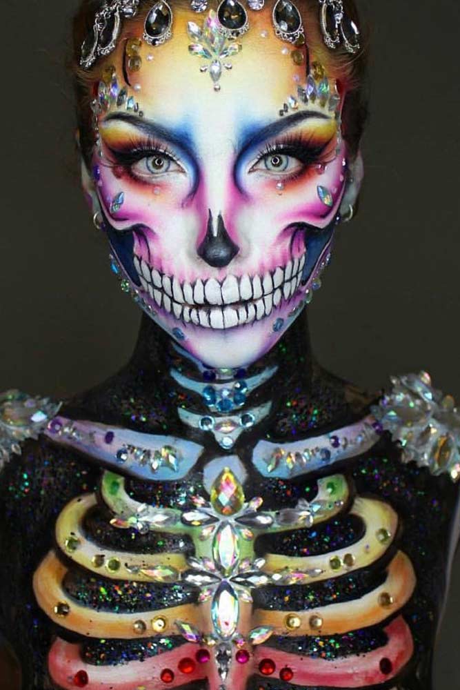 Colorful Skeleton Makeup Idea #crystals #colorskeleton
