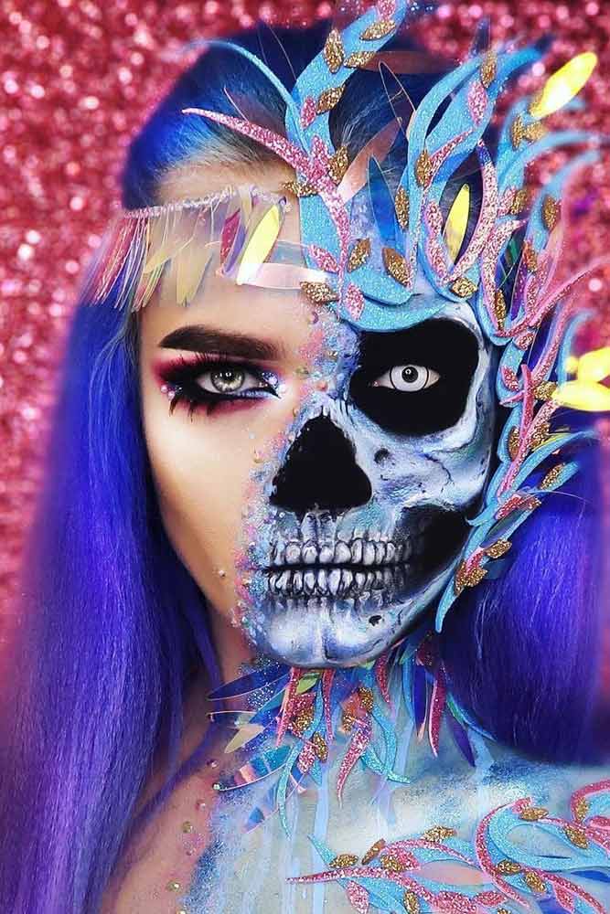Fantasy Half Face Skeleton Makeup Idea #fantasyskeleton
