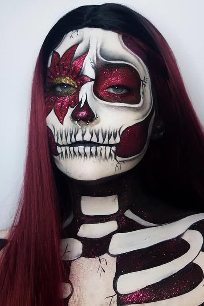 Floral Skeleton Makeup Idea #floralart #glitter 