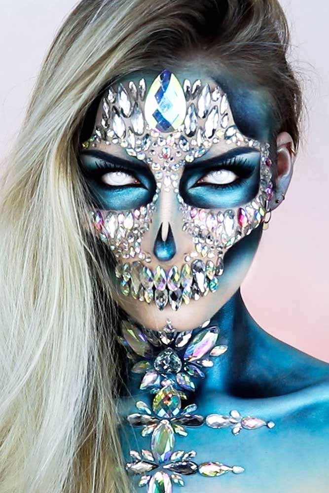Crystals Scary Skeleton Makeup Idea #crystals #sparklyskeleton