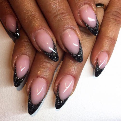 black nails with glitter tips