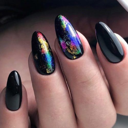 Black Almond Nails With Rainbow Glitter #rainbowglitter