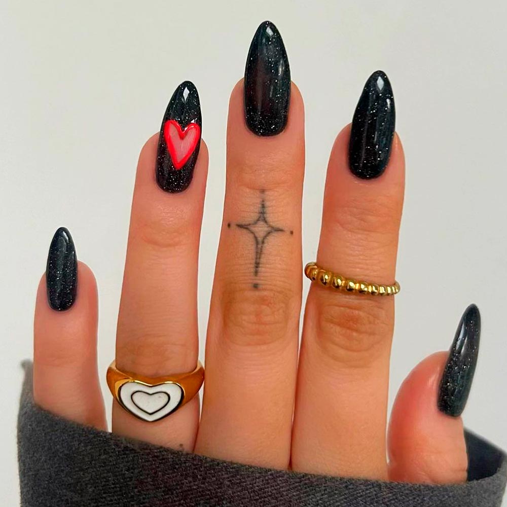 Valentine-Styled Black Glitter Nails