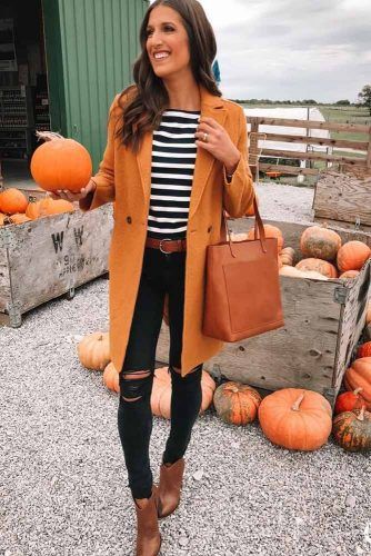 Black Jeans With Striped Top Outfit #coat #rippedjeans