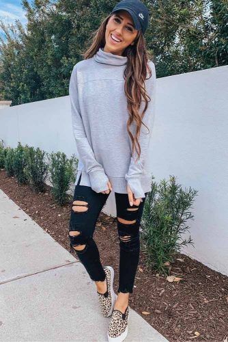 Black Ripped Jeans With Gray Sweatshirt #blackjeans