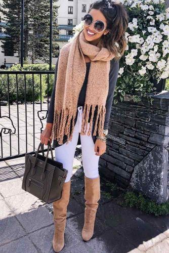 White Leggings With Gray Sweater Outfit #scarf #boots