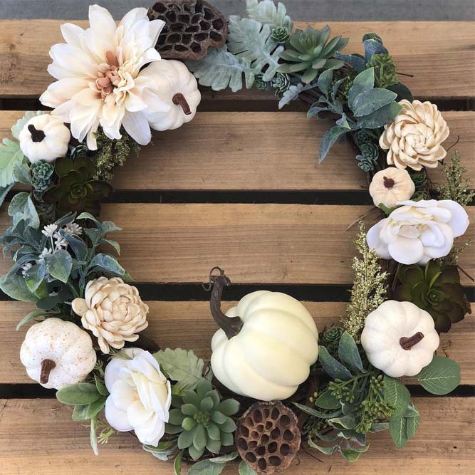 Fall Wreath With Pumkins And Flowers #flowers #pumpkins