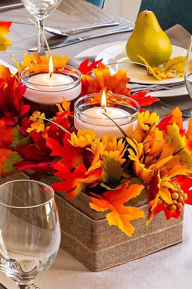 Fall Leaves With Candles Centerpiece Idea #centerpiece #candles