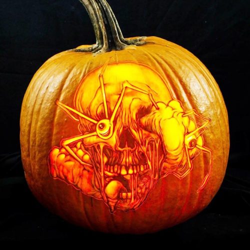 Scary Skull And Spider Carving Pumpkin Idea