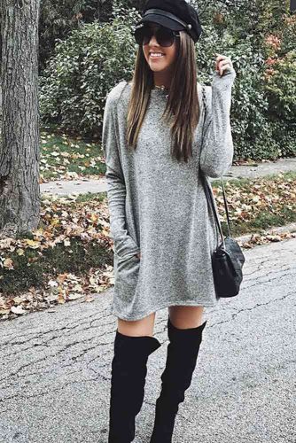 https://glaminati.com/wp-content/uploads/2017/10/sassy-date-night-outfits-comfy-gray-dress-cap-sunglasses-high-boots-bag-334x500.jpg