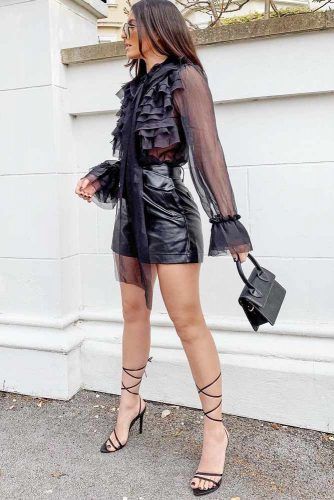 Black Leather Shorts With Blouse Outfit Idea #leathershorts