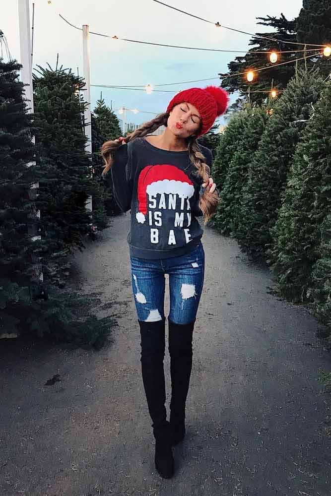 Cute Christmas Outfits With Sweater And OTK Boots #sweater #otkboots
