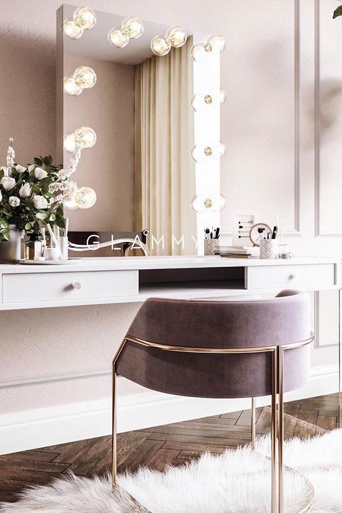 Modern Makeup Vanity Table With Gray Chair #graychair #mirrorwithlights