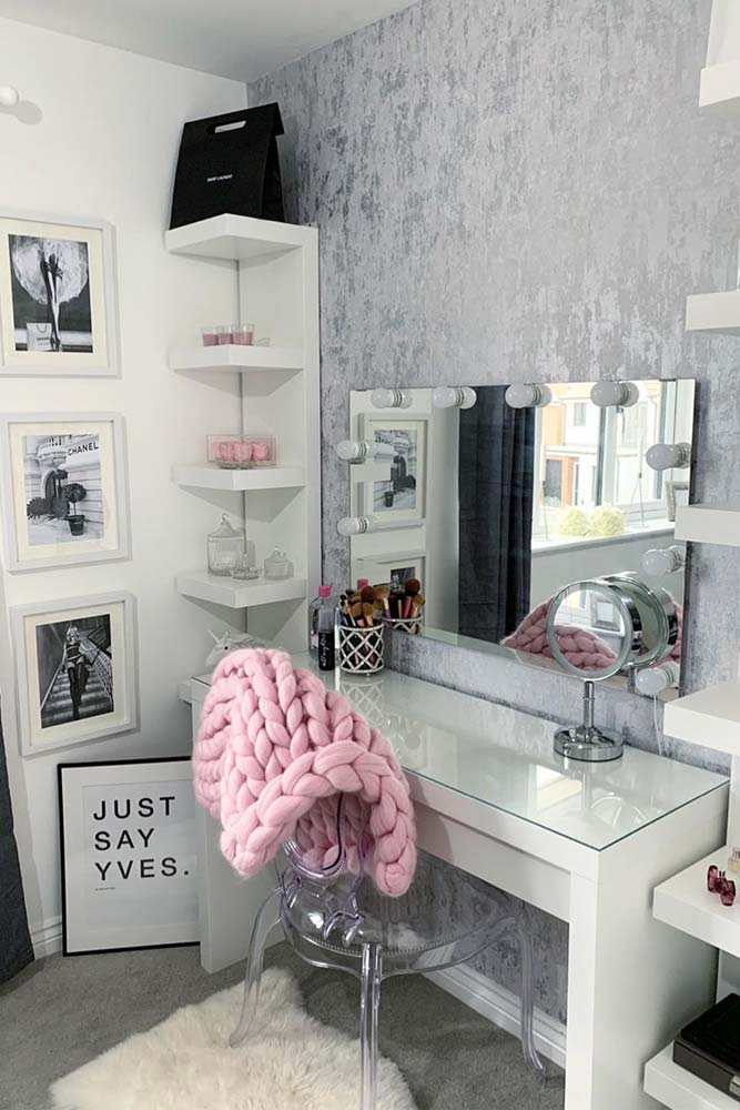 White Vanity Table Design With Glass Top #shelves