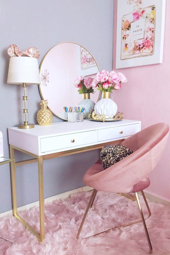 White Makeup Table With Pink Chair #roundmirror #pinkchair