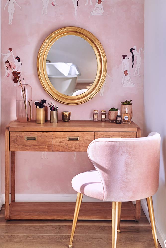 Wooden Makeup Vanity Table With Pink Chair #pinkwall #pinkchair