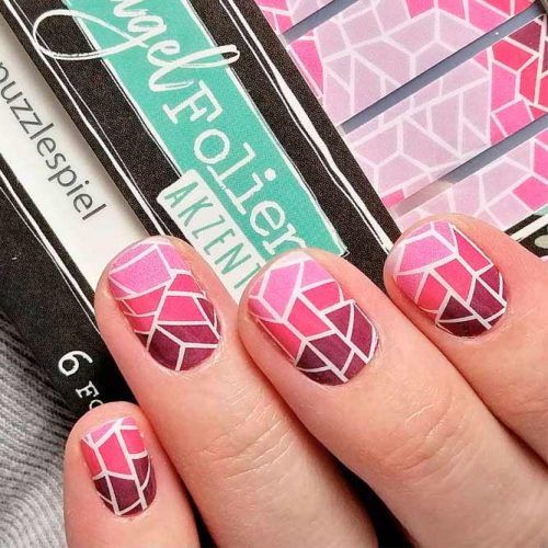 Pink Ombre Tile Nail Design #geometricnails #shortnails