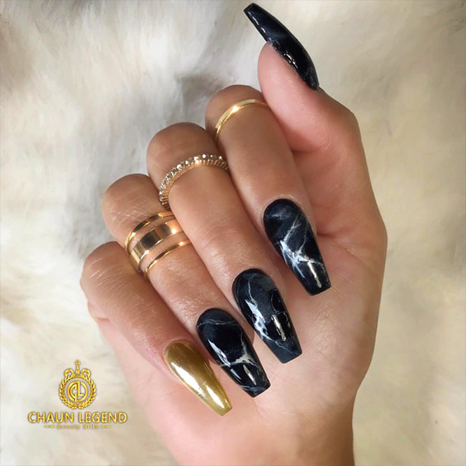 Black Nails with Marble Designs Picture 2