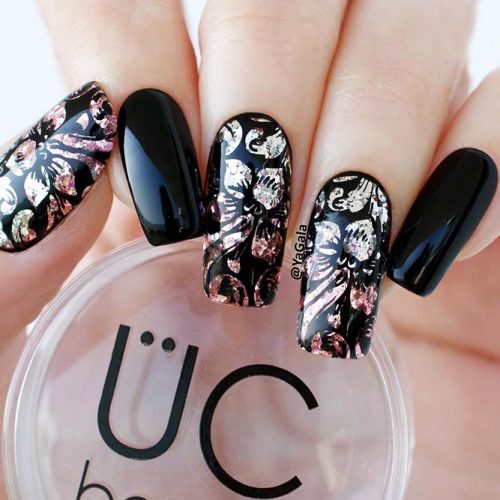 Black Nails with Bright Glitter Designs Picture 1