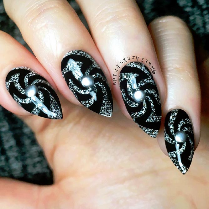 Black Nails with Bright Glitter Designs Picture 3