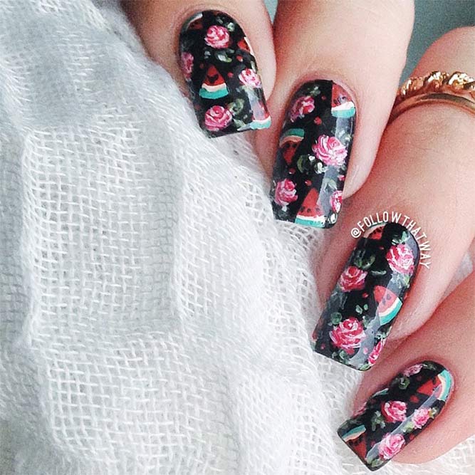 Black Nails with Floral Design Picture 5