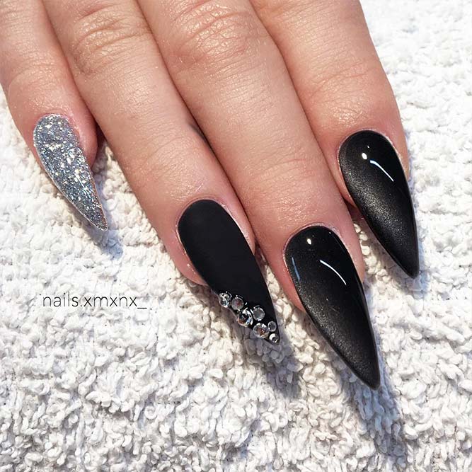 Black Nails with Bright Glitter Designs Picture 2