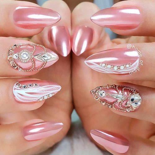 Nude Metallic Nails With Rhinestones #nudenails #rhinestonesnails