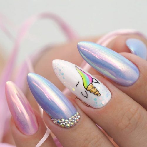 Almond Shape Gel Nails With Chrome Unicorn Designs #almondnails #chromenails #unicornnails