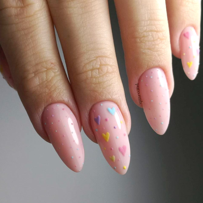 Girly Almond Shape Gel Nails With Dotted Designs #almondnails #nudenails #pinknails #heartnails
