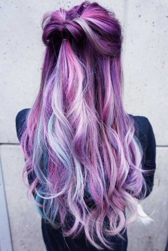 Purple Hair Long Wavy Twisted Half Up Half Down Blue Blonde Highlights 334x500 