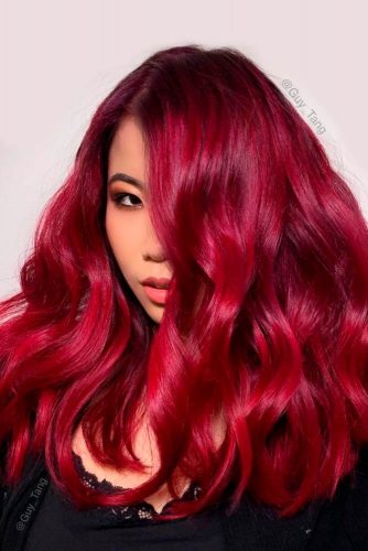 Saturated Burgundy Hair Color For Medium Length #mediumhair #wavyhair #sidebang