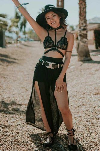 Lace Bra With Mesh Overlay Skirt Outfit #hat